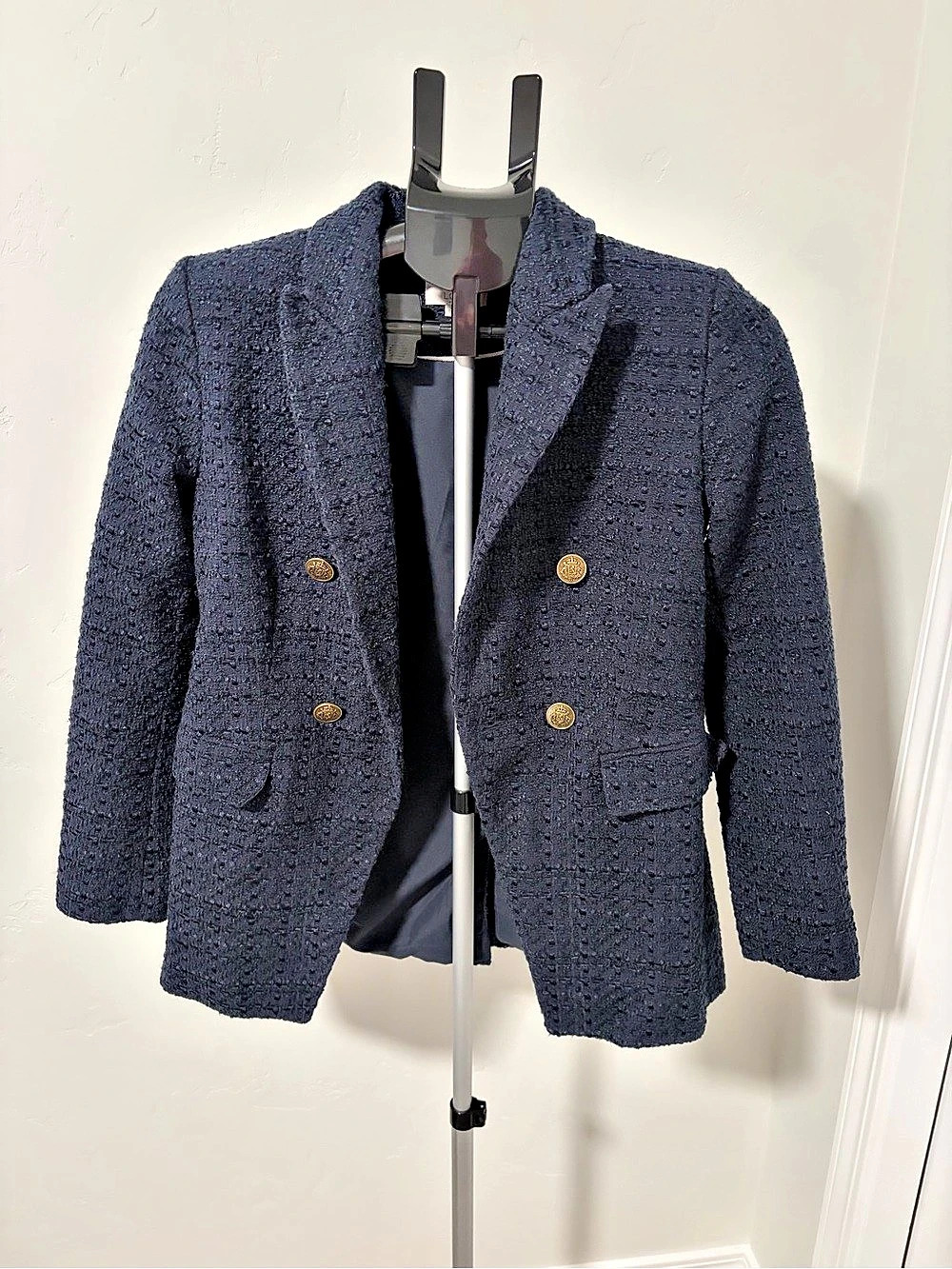 LOFT Petite Textured Tweed Double-Breasted Blazer Blue 0P